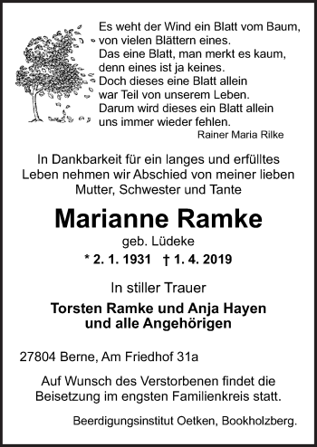 Traueranzeige von Marianne Ramke von Neue Osnabrücker Zeitung GmbH & Co. KG