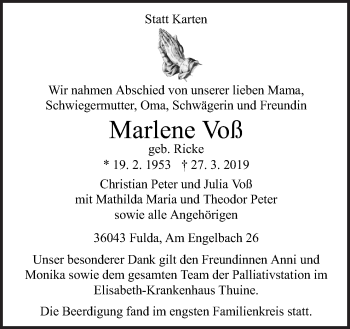Traueranzeige von Marlene Voß von Neue Osnabrücker Zeitung GmbH & Co. KG