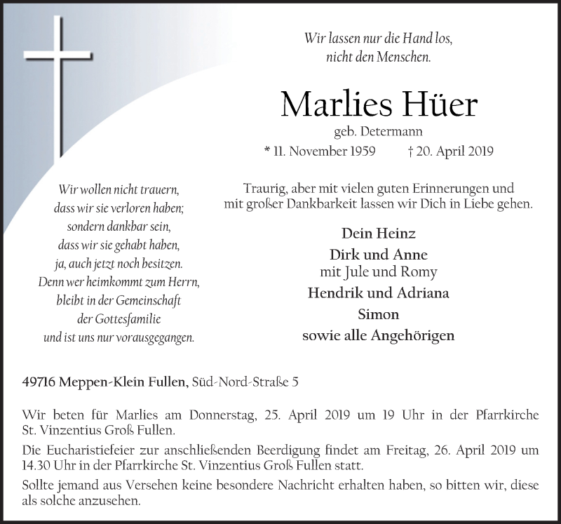  Traueranzeige für Marlies Hüer vom 23.04.2019 aus Neue Osnabrücker Zeitung GmbH & Co. KG