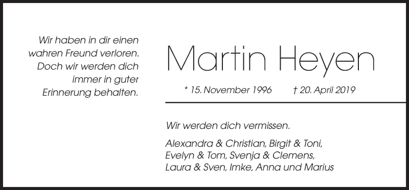  Traueranzeige für Martin Heyen vom 25.04.2019 aus Neue Osnabrücker Zeitung GmbH & Co. KG