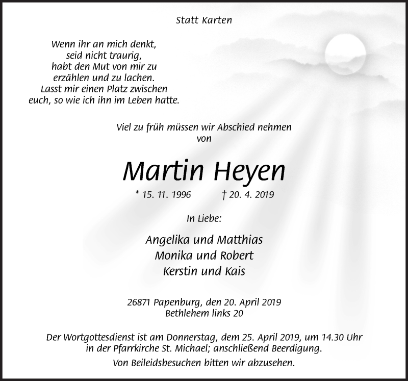  Traueranzeige für Martin Heyen vom 23.04.2019 aus Neue Osnabrücker Zeitung GmbH & Co. KG