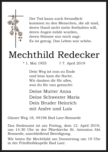 Traueranzeige von Mechthild Redecker von Neue Osnabrücker Zeitung GmbH & Co. KG