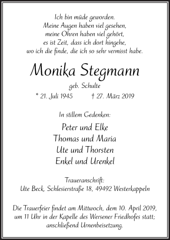 Traueranzeige von Monika Stegmann von Neue Osnabrücker Zeitung GmbH & Co. KG