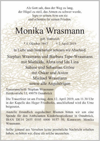 Traueranzeige von Monika Wrasmann von Neue Osnabrücker Zeitung GmbH & Co. KG