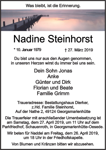 Traueranzeige von Nadine Steinhorst von Neue Osnabrücker Zeitung GmbH & Co. KG
