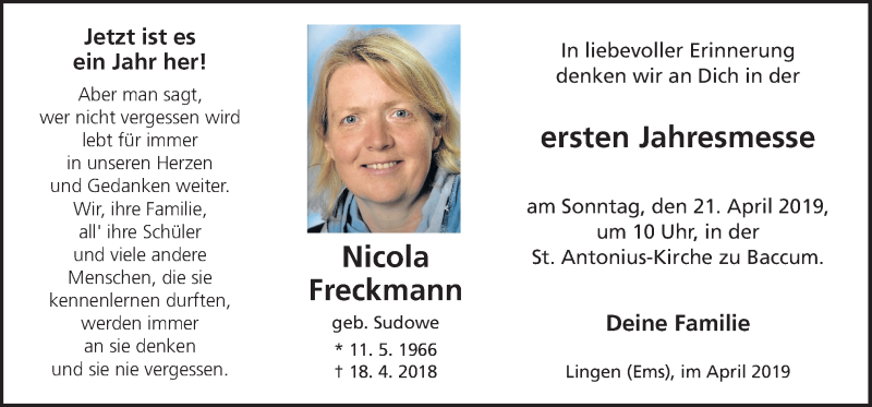  Traueranzeige für Nicola Freckmann vom 18.04.2019 aus Neue Osnabrücker Zeitung GmbH & Co. KG