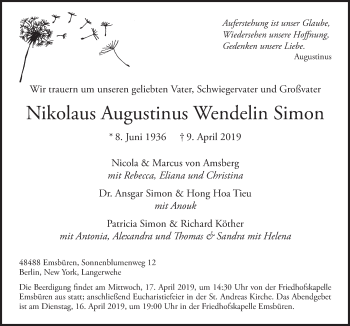 Traueranzeige von Nikolaus Augustinus Wendelin Simon von Neue Osnabrücker Zeitung GmbH & Co. KG