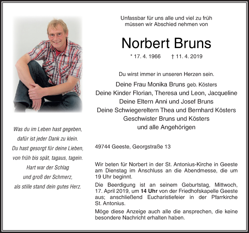  Traueranzeige für Norbert Bruns vom 15.04.2019 aus Neue Osnabrücker Zeitung GmbH & Co. KG