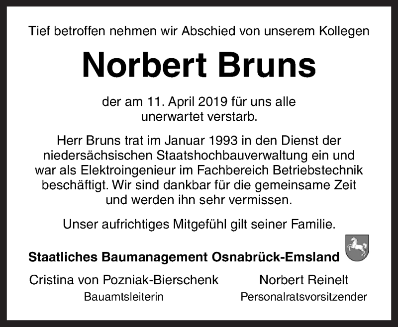  Traueranzeige für Norbert Bruns vom 17.04.2019 aus Neue Osnabrücker Zeitung GmbH & Co. KG
