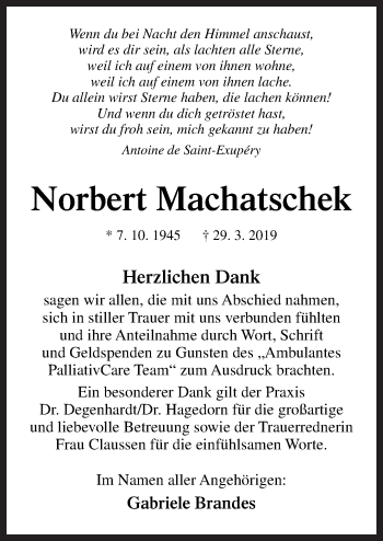 Traueranzeige von Norbert Machatschek von Neue Osnabrücker Zeitung GmbH & Co. KG