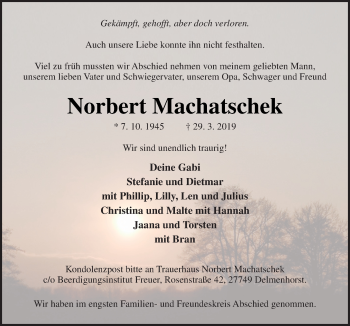 Traueranzeige von Norbert Machatschek von Neue Osnabrücker Zeitung GmbH & Co. KG
