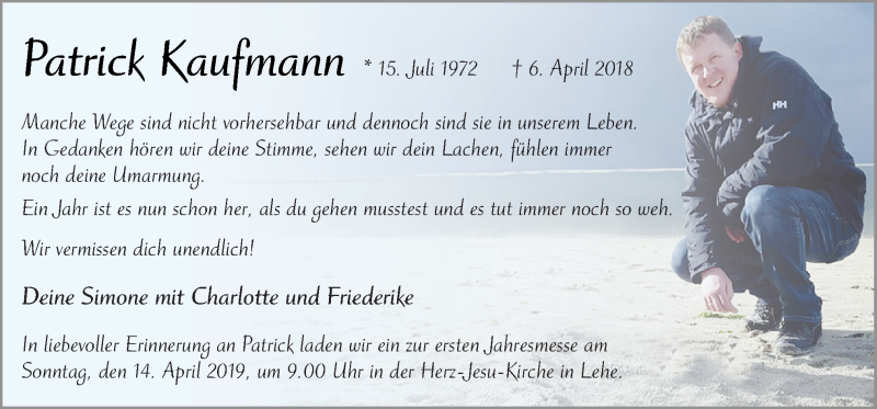  Traueranzeige für Patrick Kaufmann vom 10.04.2019 aus Neue Osnabrücker Zeitung GmbH & Co. KG