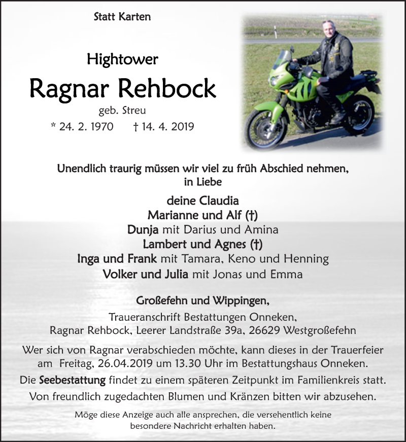  Traueranzeige für Ragnar Rehbock vom 18.04.2019 aus Neue Osnabrücker Zeitung GmbH & Co. KG