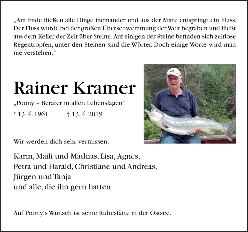  Traueranzeige für Rainer Kramer vom 20.04.2019 aus Neue Osnabrücker Zeitung GmbH & Co. KG