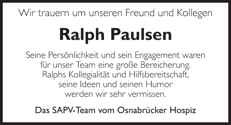  Traueranzeige für Ralph Paulsen vom 24.04.2019 aus Neue Osnabrücker Zeitung GmbH & Co. KG
