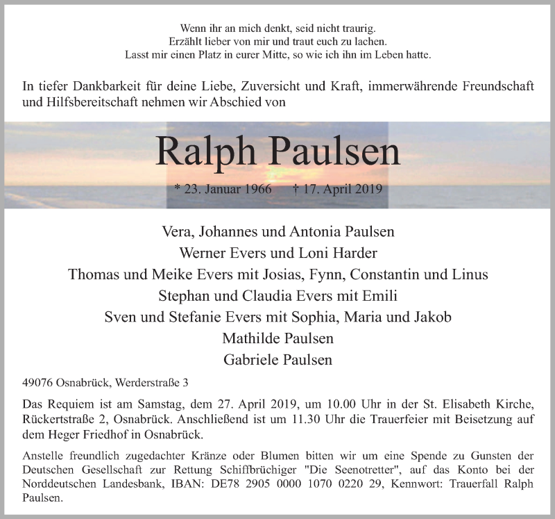  Traueranzeige für Ralph Paulsen vom 20.04.2019 aus Neue Osnabrücker Zeitung GmbH & Co. KG