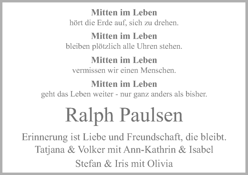  Traueranzeige für Ralph Paulsen vom 27.04.2019 aus Neue Osnabrücker Zeitung GmbH & Co. KG
