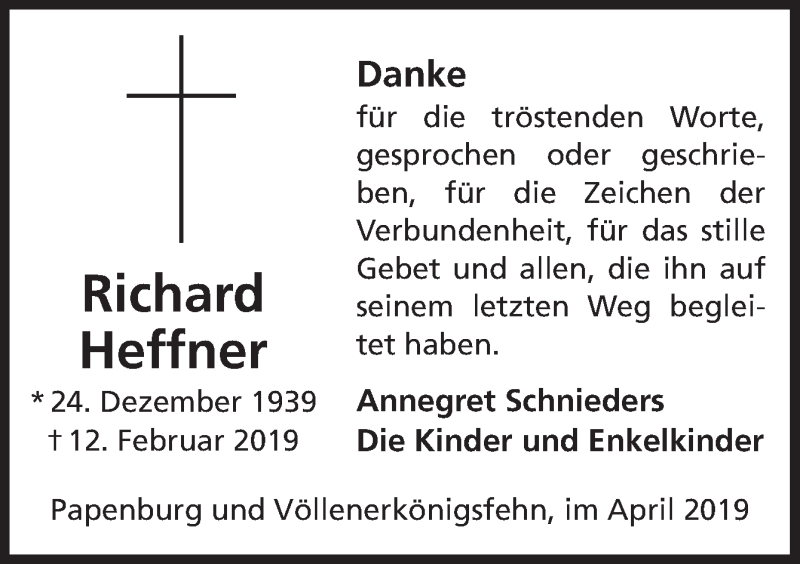  Traueranzeige für Richard Heffner vom 06.04.2019 aus Neue Osnabrücker Zeitung GmbH & Co. KG