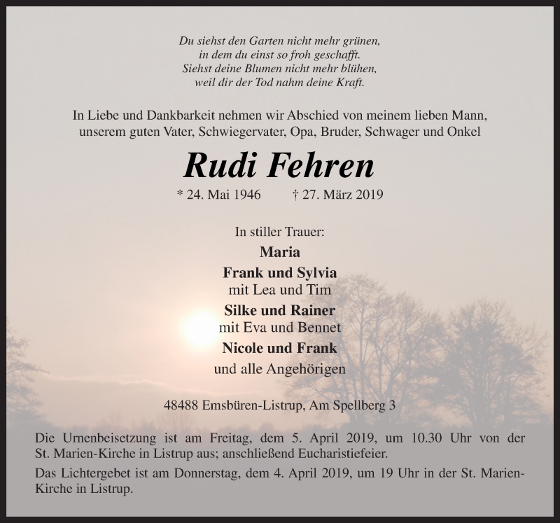  Traueranzeige für Rudi Fehren vom 02.04.2019 aus Neue Osnabrücker Zeitung GmbH & Co. KG