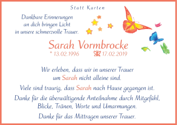 Traueranzeige von Sarah Vormbrocke von Neue Osnabrücker Zeitung GmbH & Co. KG