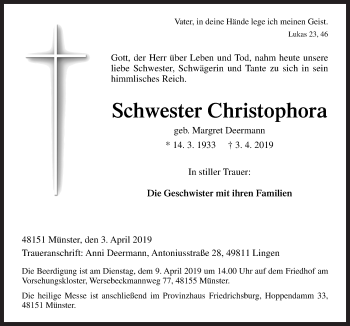 Traueranzeige von Schwester Christophora von Neue Osnabrücker Zeitung GmbH & Co. KG