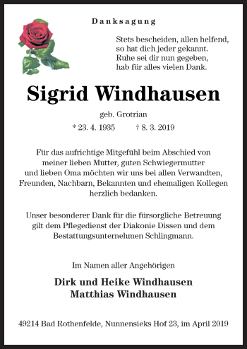 Traueranzeige von Sigrid Windhausen von Neue Osnabrücker Zeitung GmbH & Co. KG
