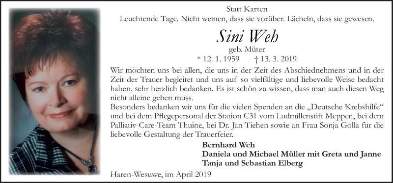  Traueranzeige für Sini Weh vom 17.04.2019 aus Neue Osnabrücker Zeitung GmbH & Co. KG