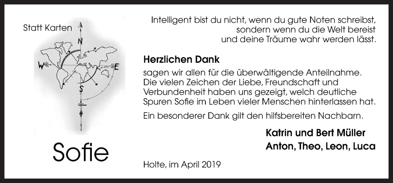  Traueranzeige für Sofie Müller vom 17.04.2019 aus Neue Osnabrücker Zeitung GmbH & Co. KG