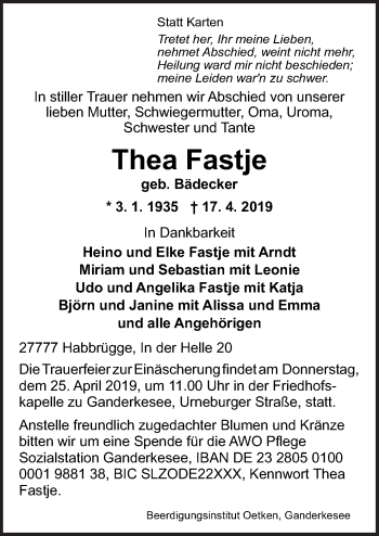 Traueranzeige von Thea Fastje von Neue Osnabrücker Zeitung GmbH & Co. KG