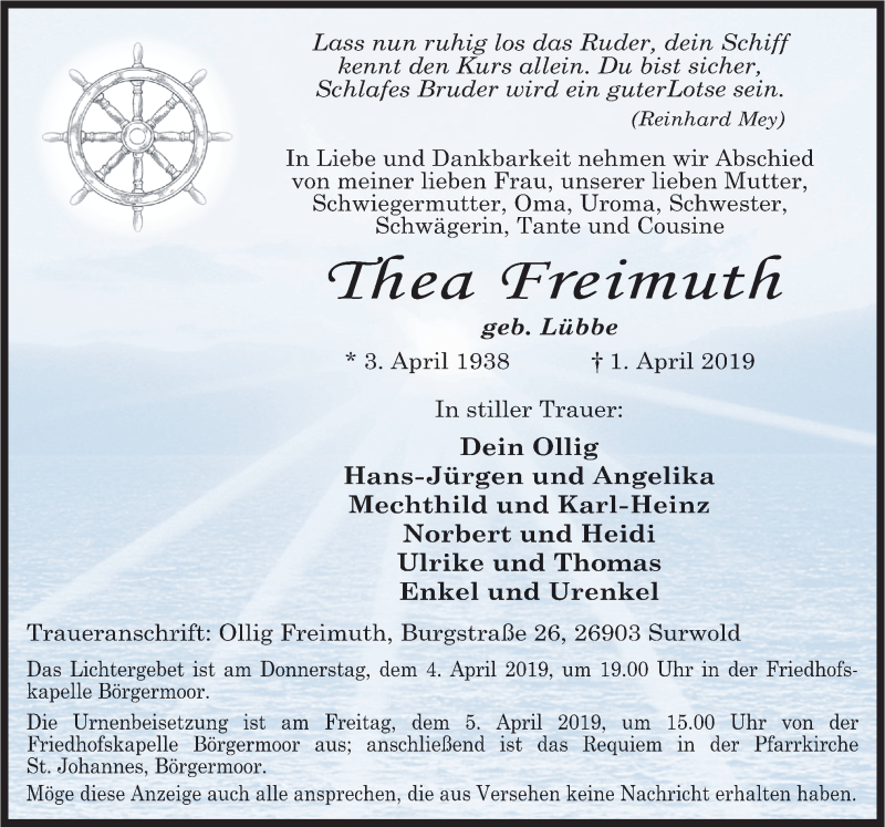  Traueranzeige für Thea Freimuth vom 03.04.2019 aus Neue Osnabrücker Zeitung GmbH & Co. KG