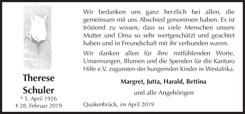  Traueranzeige für Therese Schuler vom 20.04.2019 aus Neue Osnabrücker Zeitung GmbH & Co. KG