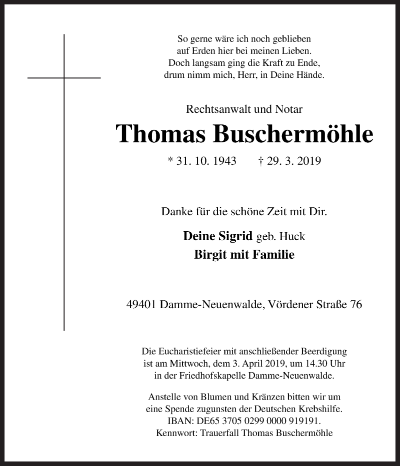  Traueranzeige für Thomas Buschermöhle vom 01.04.2019 aus Neue Osnabrücker Zeitung GmbH & Co. KG