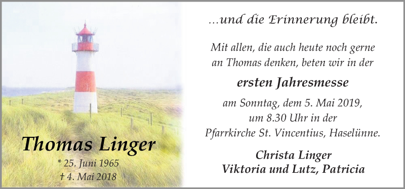  Traueranzeige für Thomas Linger vom 30.04.2019 aus Neue Osnabrücker Zeitung GmbH & Co. KG