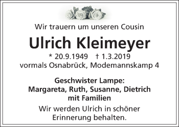 Traueranzeige von Ulrich Kleimeyer von Neue Osnabrücker Zeitung GmbH & Co. KG