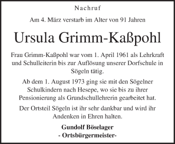 Traueranzeige von Ursula Grimm-Kaßpohl von Neue Osnabrücker Zeitung GmbH & Co. KG