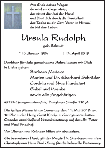 Traueranzeige von Ursula Rudolph von Neue Osnabrücker Zeitung GmbH & Co. KG