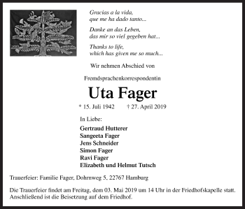 Traueranzeige von Uta Fager von Neue Osnabrücker Zeitung GmbH & Co. KG