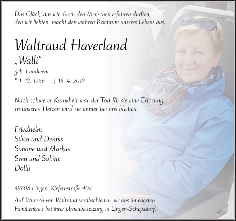  Traueranzeige für Waltraud Haverland vom 20.04.2019 aus Neue Osnabrücker Zeitung GmbH & Co. KG
