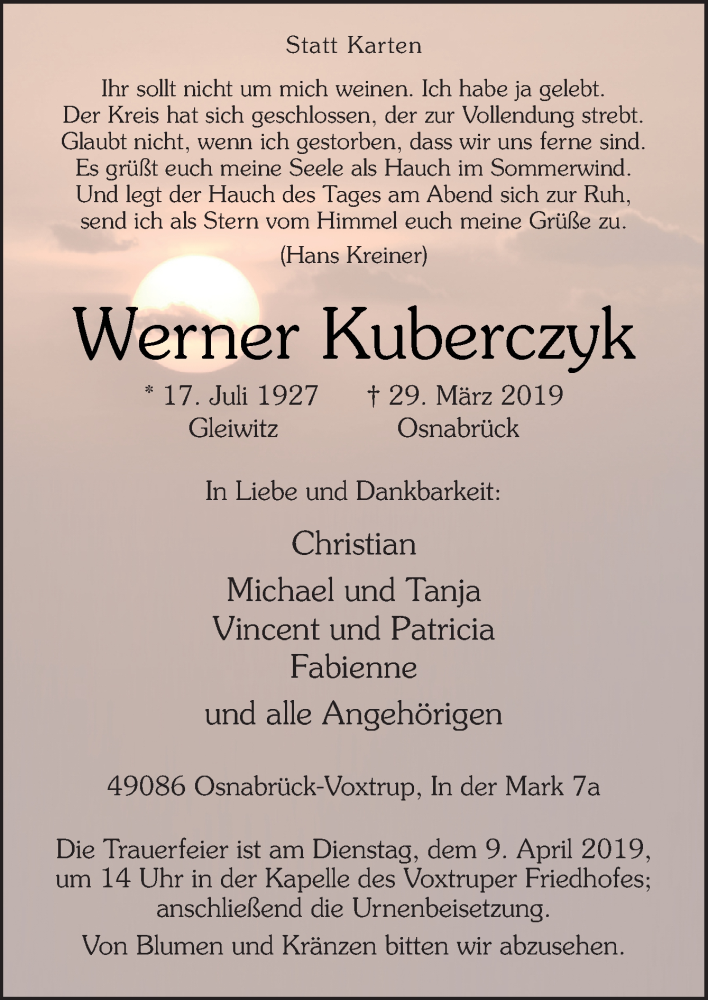  Traueranzeige für Werner Kuberczyk vom 06.04.2019 aus Neue Osnabrücker Zeitung GmbH & Co. KG