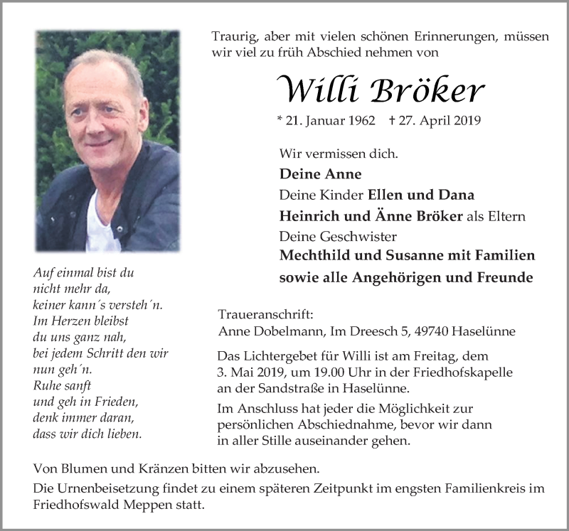  Traueranzeige für Willi Bröker vom 30.04.2019 aus Neue Osnabrücker Zeitung GmbH & Co. KG