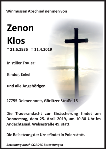 Traueranzeige von Zenon Klos von Neue Osnabrücker Zeitung GmbH & Co. KG