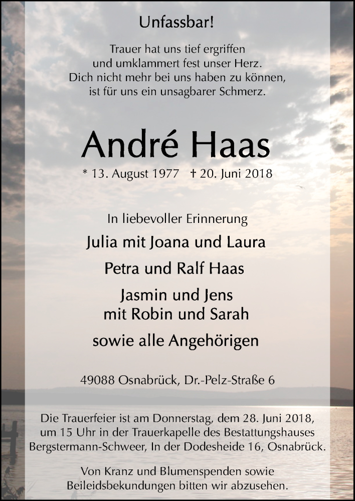  Traueranzeige für André Haas vom 22.06.2018 aus Neue Osnabrücker Zeitung GmbH & Co. KG
