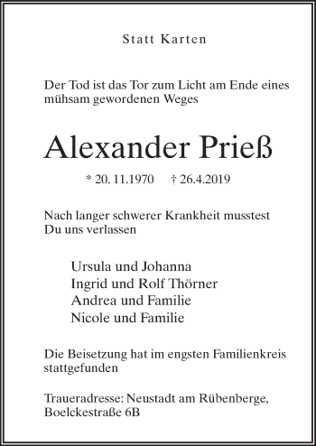 Traueranzeige von Alexander Prieß von Neue Osnabrücker Zeitung GmbH & Co. KG