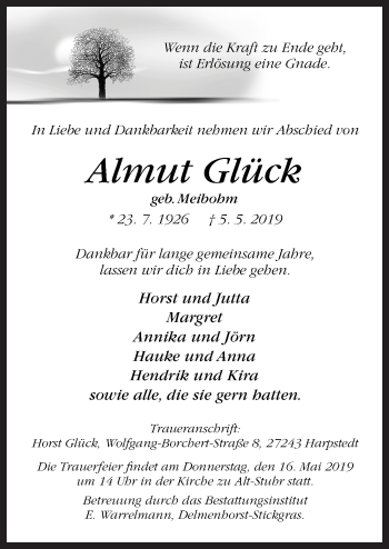 Traueranzeige von Almut Glück von Neue Osnabrücker Zeitung GmbH & Co. KG
