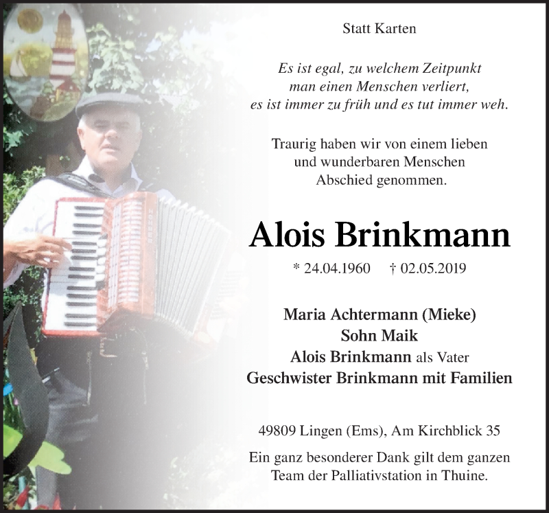  Traueranzeige für Alois Brinkmann vom 04.05.2019 aus Neue Osnabrücker Zeitung GmbH & Co. KG