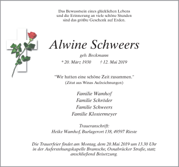 Traueranzeige von Alwine Schweers von Neue Osnabrücker Zeitung GmbH & Co. KG