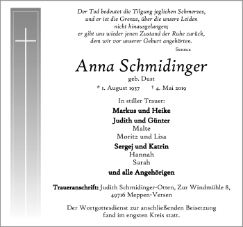 Traueranzeige von Anna Schmidinger von Neue Osnabrücker Zeitung GmbH & Co. KG