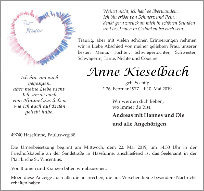  Traueranzeige für Anne Kieselbach vom 15.05.2019 aus Neue Osnabrücker Zeitung GmbH & Co. KG