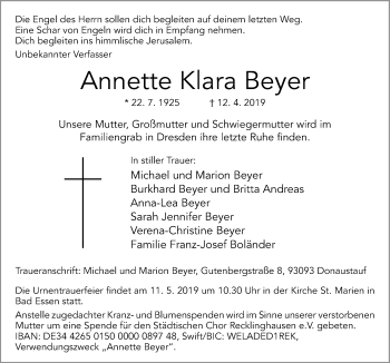 Traueranzeige von Annette Klara Beyer von Neue Osnabrücker Zeitung GmbH & Co. KG