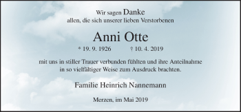 Traueranzeige von Anni Otte von Neue Osnabrücker Zeitung GmbH & Co. KG